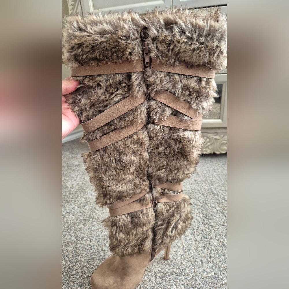 JustFab Tan Faux Fur Heeled Boots - Picture 3 of 7